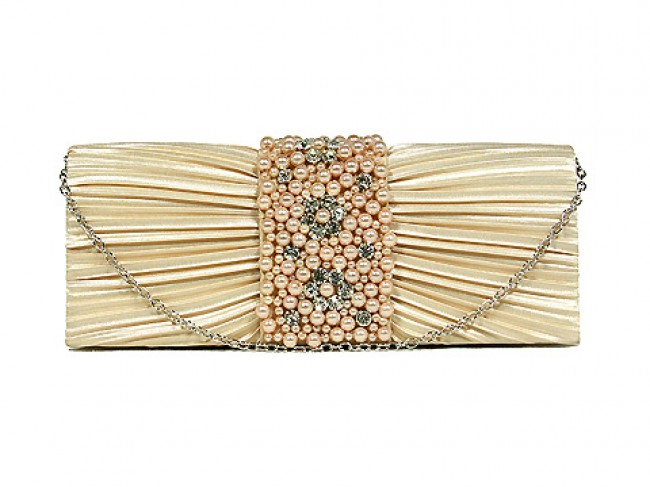 Evening Bag - Satin w/ Pleated & Beaded Flap - Champagne – BG-100274CH